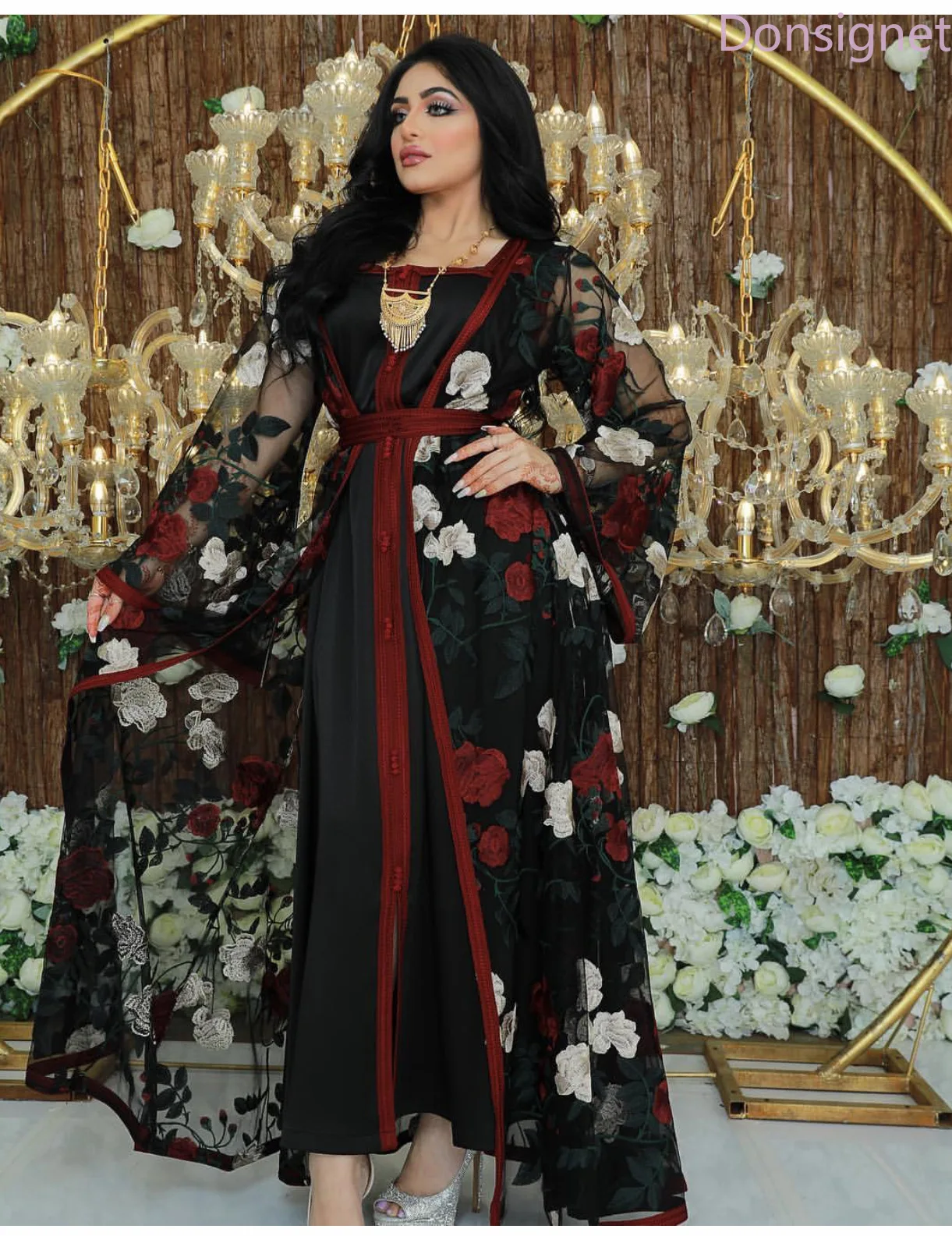 

Donsignet Sets Middle East Dubai Embroidered Lace Mesh Lace Two-piece Noble Dress Muslim fashion Women Dress Abaya Turkey Dubai