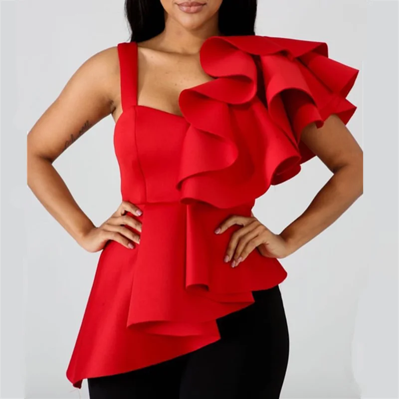 Женская блузка топы рубашки сексуальные с баской красные рюшами асимметричными