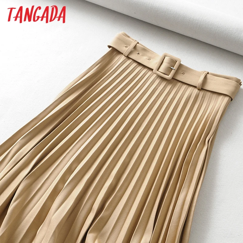 Tangada, Женская плиссированная юбка средней длины цвета хаки, винтажная, с поясом, однотонная, для женщин, для офиса, для девушек, для работы, шикарные юбки до середины икры 6A306