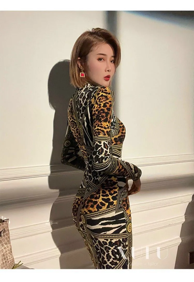 Дизайнерское винтажное платье миди с леопардовым принтом облегающее Клубное