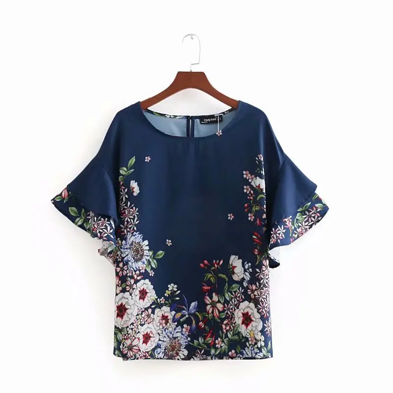 2018 модная женская винтажная рубашка с цветочным принтом блуза круглым вырезом и
