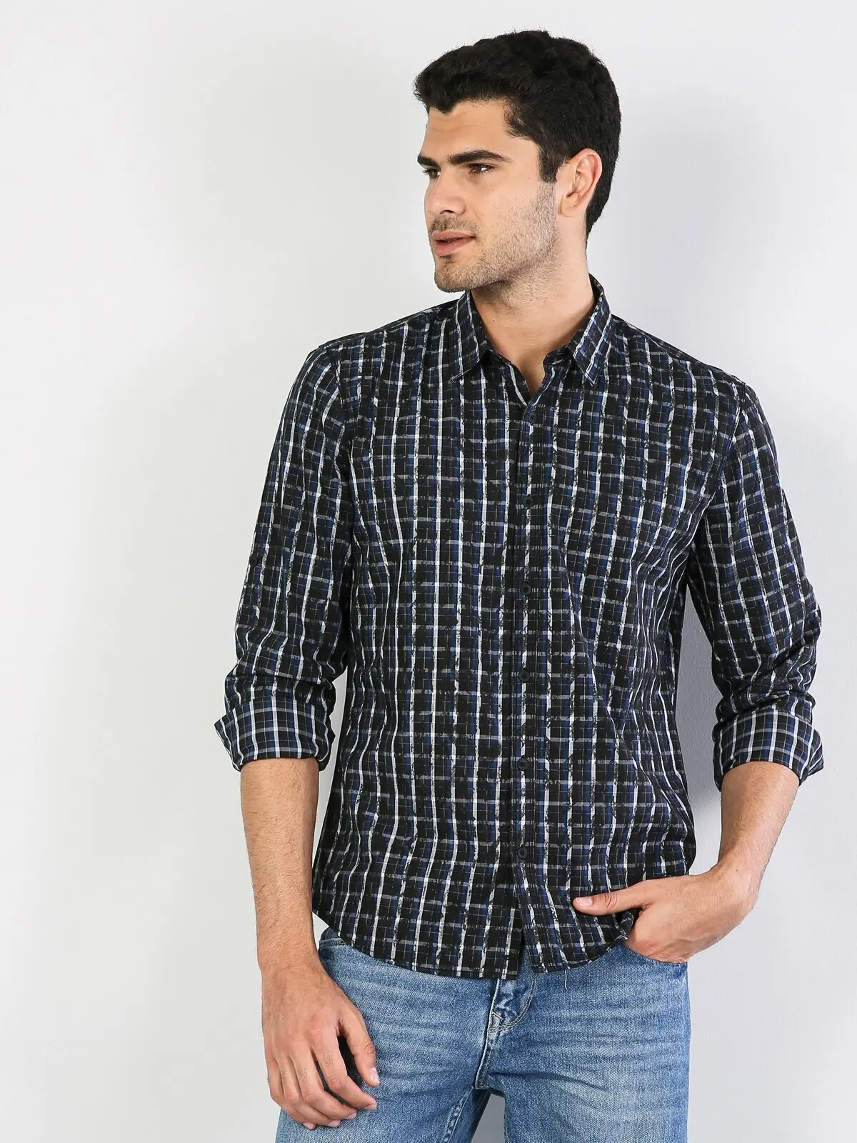 

Colins Men Modern Fit Black Long Sleeve ShirtMale fashion shirt men,CL1035021