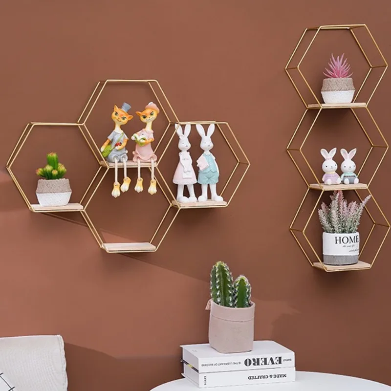 

Morden Nordic Creative Home Wall Shelving Holder Hexagonal Iron Stand Small Pot Home Shelf Storage Holder Decorative Shelves
