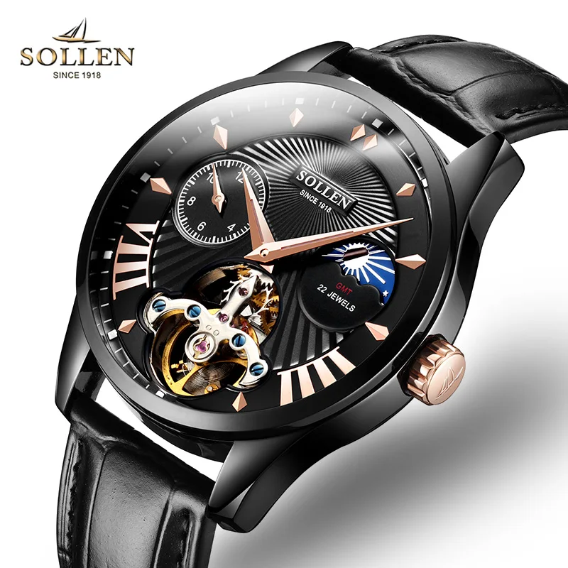 

Luxury Brand Switzerland SOLLEN Automatic Mechanical Men Watches Sapphire Multiple Time Zone Luminous Moon Phase Clocks SL302