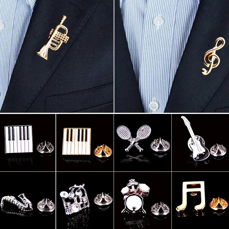 Music Brooch Drum Drum Saxophone Piano Violin Brooch Men's Top Grade Shirt Suit Lapel Badge Pin Gift Fashion Jewelry Corsage