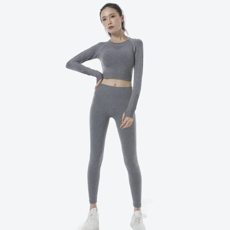 

2PCS Seamless Women Yoga Set Workout Sportswear Gym Clothing Fitness Long Sleeve Crop Top High Waist Leggings Sports Suits