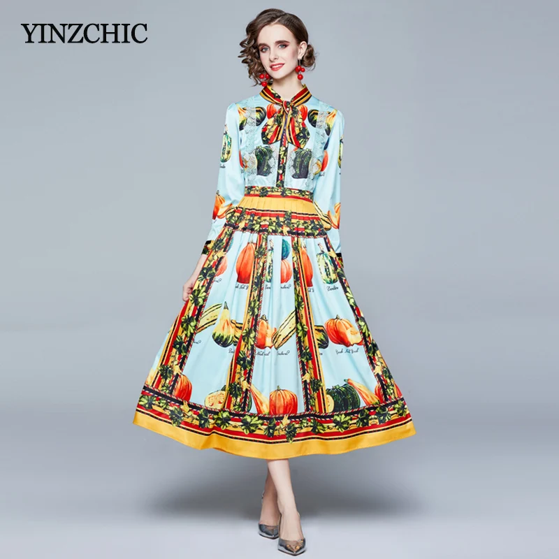 

Spring Woman Print Dress Fashion Female Shirt Dresses Floral Pleated Mid Skirts for Office Lady Party Dress Summer Elegant