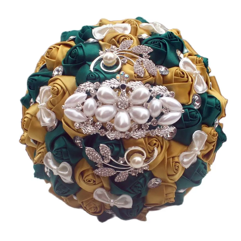 WifeLai-A Golden with Emerald Green Artificial Rose Bride Bouquet with Diamond Ribbon Wedding Bouquet Decoration Flowers W2913