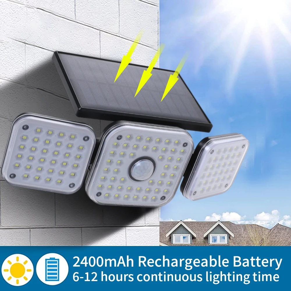 

74 103 112 светодиодный светильник на солнечной батарее, открытый, 3 головки, датчик движения, широкоугольный светильник, водонепроницаемый, вну...