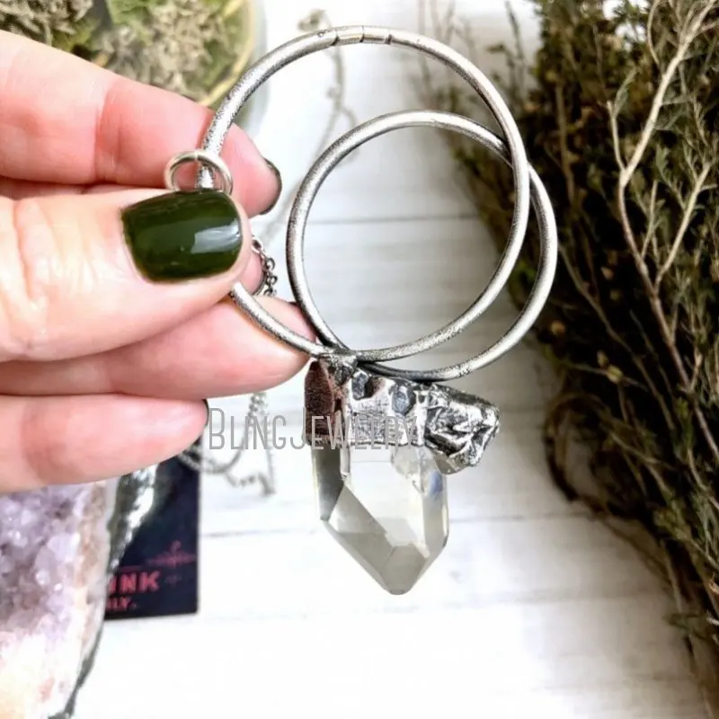 NM40016  Raw Crystal Necklace Clear Quartz Necklace In Silver Bohemian Jewelry Gift For Her Gypsy Gothic Hoop Necklace  Jewelry
