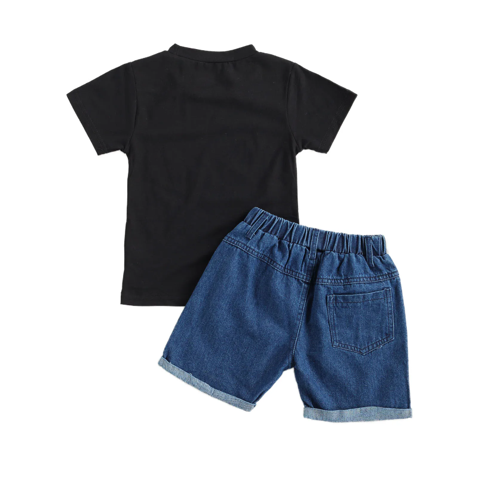 2Pcs Fashionable Baby Boys Outfit Toddler Creative Crown Letter Print Round Collar Short Sleeve Tops Denim Shorts Casual Set |