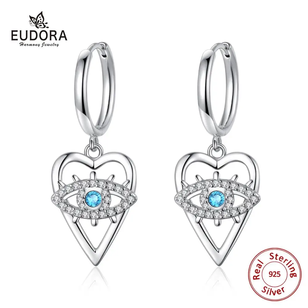 

EUDORA 925 Sterling Silver Blue evil eye Earring Romantic Crystal Dangle Heart eye Drop Earring Women Fine Jewelry Gift E117