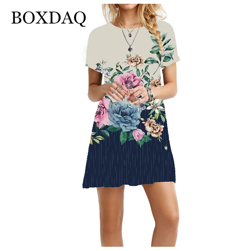 

New 2021 Summer Dresses Women Boho 3D Foral Print Dress Casual Short Sleeve Round Neck Mini Dress Fashion Sweet Ladies Clothing