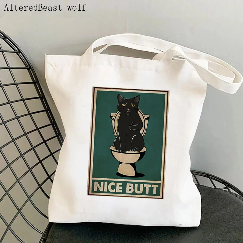 

Women Shopper bag Black Cat Toilet Go Potty Kawaii Bag Harajuku Shopping Canvas Shopper Bag girl handbag Tote Shoulder Lady Bag