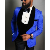 jackquard floral pattern royal blue black men suit custom made groom tuxedo 3 pieces jacket vest pants prom suits
