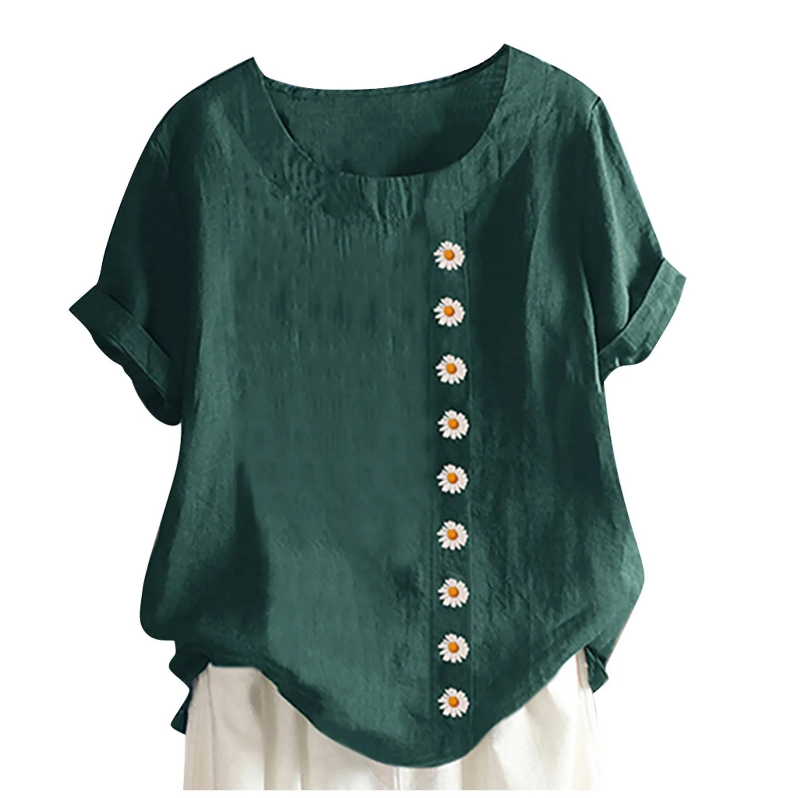 

Women Fashion Tee Tops O-Neck Short Sleeve Printed Buttons Vintage Top T-shirt Blouse Ladies Casual Loose Tshirts Blouses