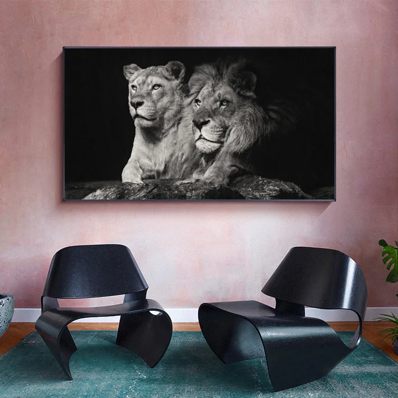 Картина на холсте с изображением черного льва и леопарда | - Фото №1