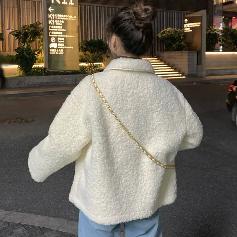 

Women Plush Coat Autumn Winter Loose Solid Color Jackets Casual Long Sleeve Single Breasted Warm Plush Coat