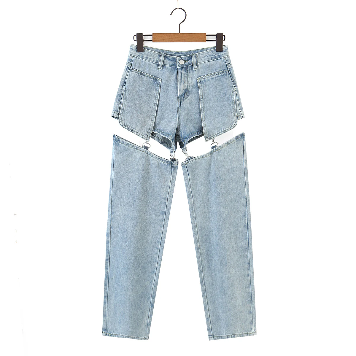 

New Design Sexy Patchwork detachable Jeans Metal Buckle Cut Out Retro High Waist Denim Pants Wide Leg Shorts And Trousers