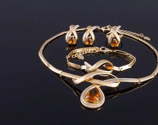 Свадебные золотые ювелирные наборы из Дубая ожерелье и браслет с кристаллами