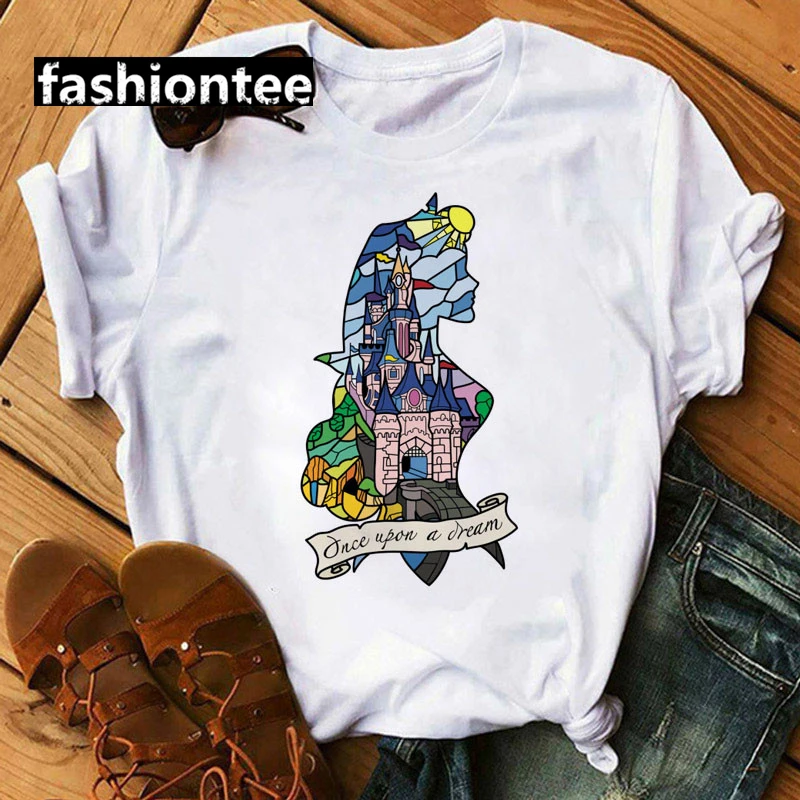 

Princess Castle Printed T-shirt Disney Cartoon Graphic Short Sleeve Women Top Casual Large Size Female Clothes 14730