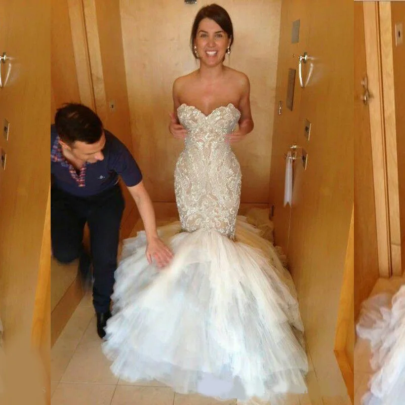 

Exquisite Lace Appliques Beads Sequin Mermaid Wedding Dresses Custom Made Plus Size Sweetheart Sweep Train Tulle Bridal Gowns