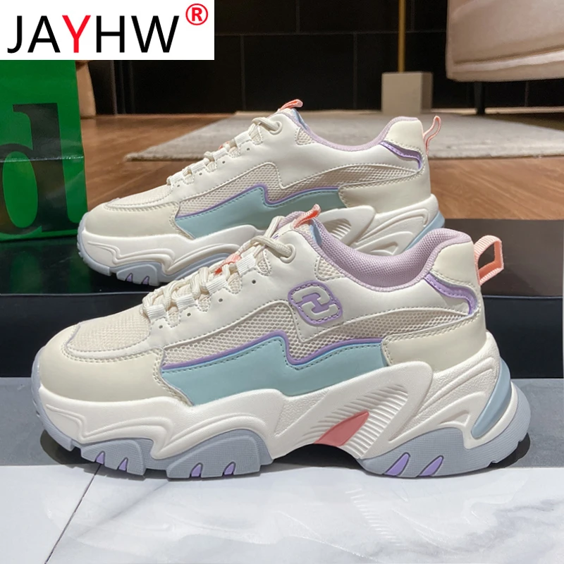 

JAYHW Leisure Mesh Breathable Casual Shoes Autumn New Female Round Head Flat Heel Low Top Shoes Thick Sole Women Sneakers
