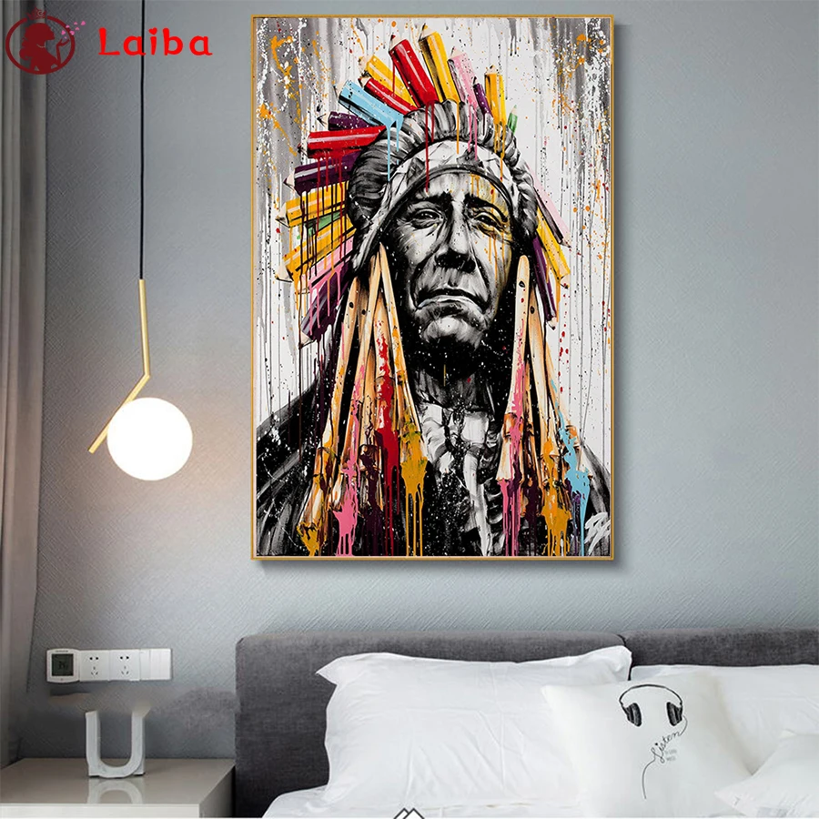 

5d photo Round Diamond Painting Abstract graffiti art, indians, feathers Full Drill Square Mosaic Home Decor Handmade Embroidery