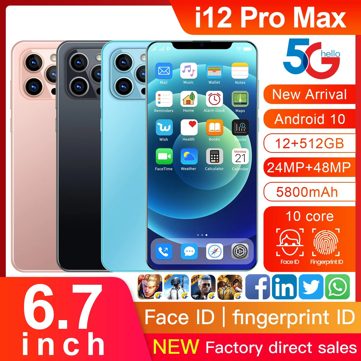 

i12 Pro Max 5G Smartphones 5800mAh 6.7 Inch 12GB+512GB Mobile Phones 21MP +48MP HD Camera Android10 Dual SIM MTK6889 Cellphones