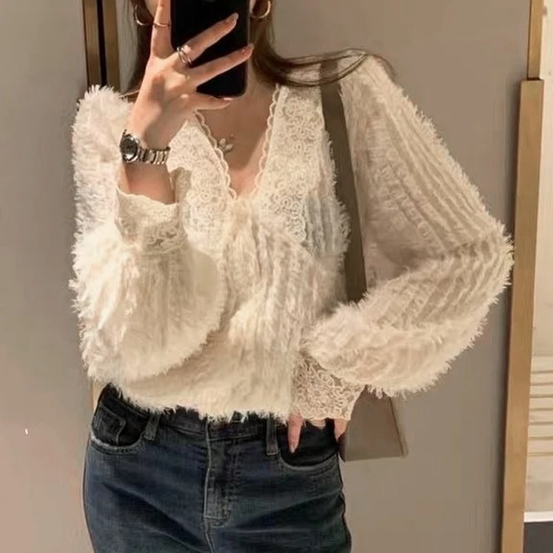 

Womens Tops And Blouses 2023 Cotton Linen Blouse Button Solid V-Neck Lace Tops Ladies Korean Style Elegant Puffer Sleeve Shirts
