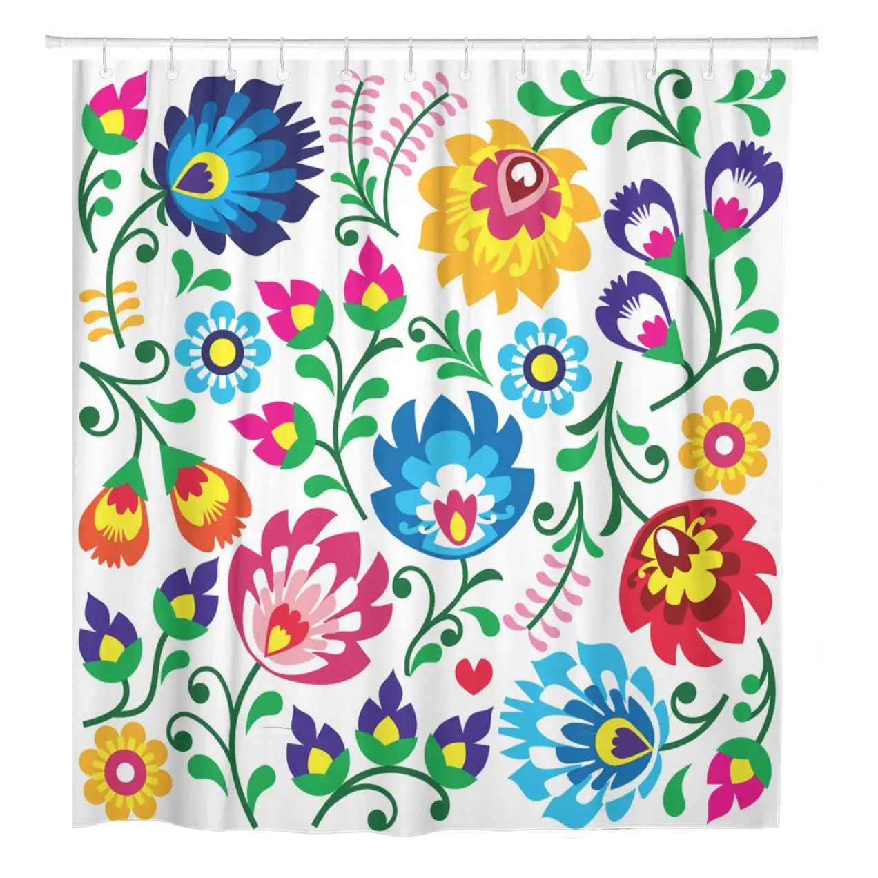 Colorful Floral Polish Folk Pattern in Wzory Lowickie Wycinanki Shower Curtain Waterproof Polyester Fabric 72 x 78 Inches