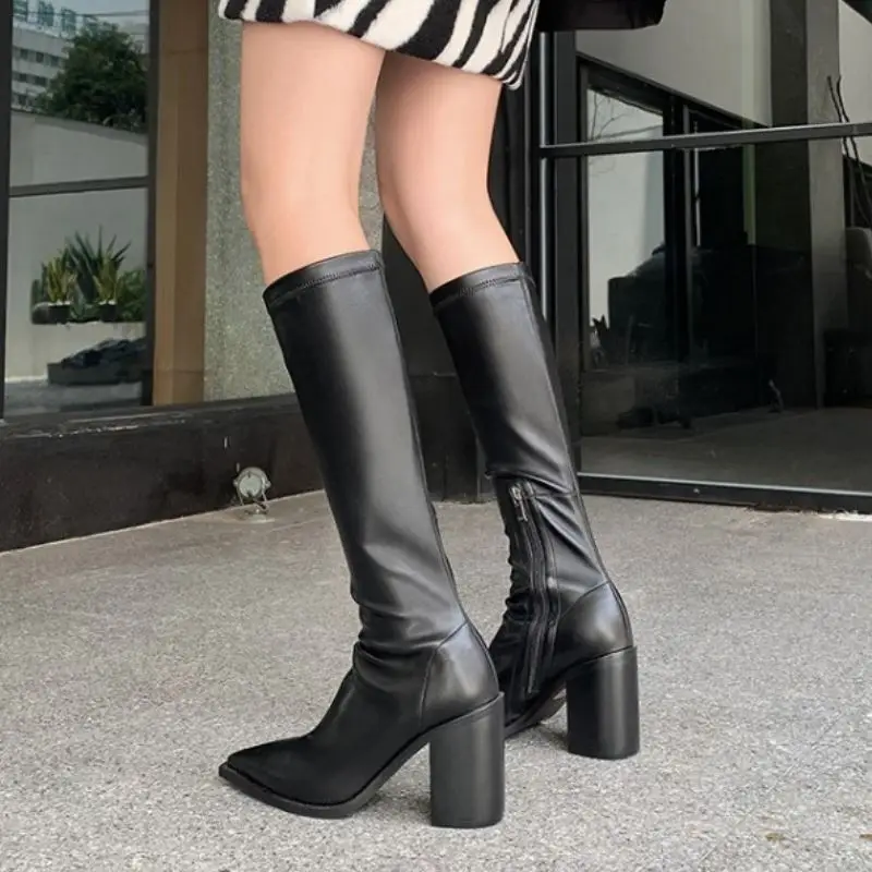 

RIZABINA Women Knee Boots Sexy Pointed Toe Stretch Boot Fashion High Heel Winter Shoes Woman Party Daily Footwear Size 34-40