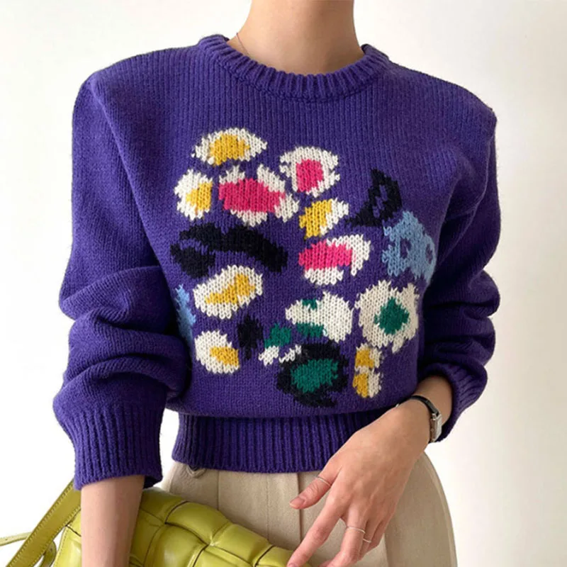 

ZCSMLL Autumn and Winter Niche Round Neck Flowers Hit Color Hedging Loose Wild Short Long-sleeved Knitted Sweater Women