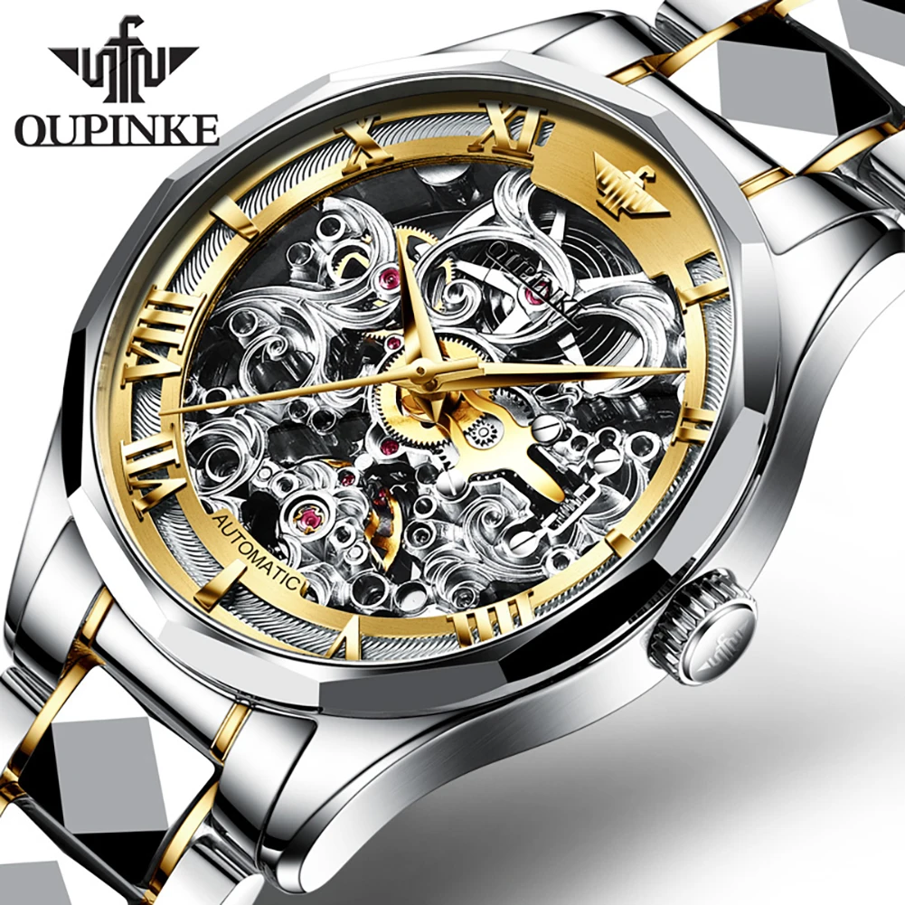 

OUPINKE Men Automatic Mechanical Watch Diving Watch 50ATM Waterproof Sapphire Top Luxury Brand hollowed-Out Tungsten Steel Watch