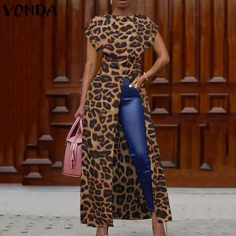 VONDA Leopard Blouse And Tops Women Vintage Printed Shirts 2022 Summer Tunic Office Holiday Split Hem Party Tops Oversized Blusa