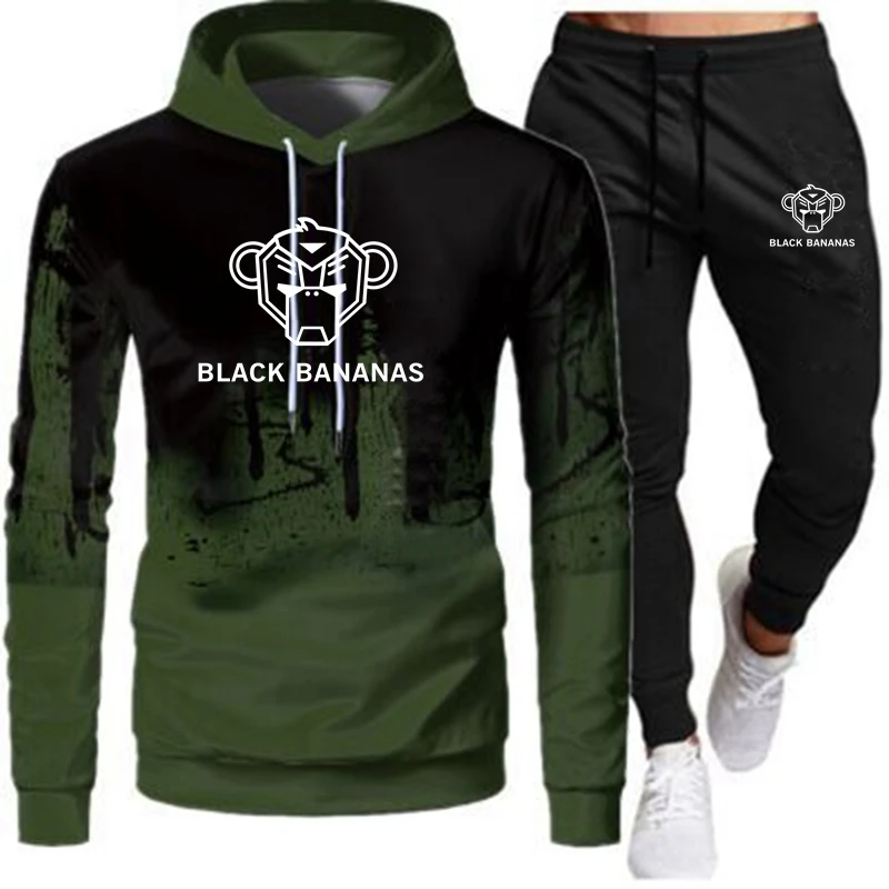 

2021 Autumn Spring Men's Hoodies+Sweatpants Sets Black Hooded Sweatshirts Fashion Slim Fit Male Bananas Hip Hop Pullover Hoody
