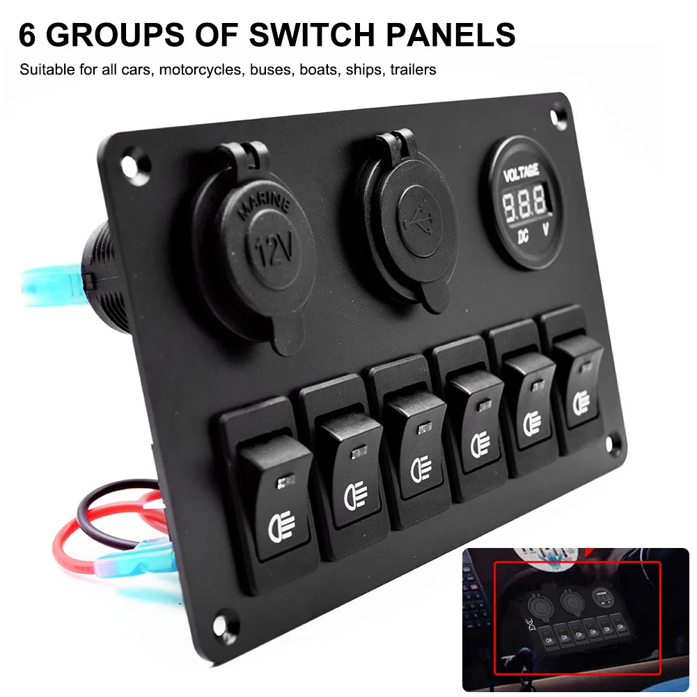 

6 Gang Rocker Switch Panel Digital Voltmeter 12V-24V with Dual USB Port Car Lighter Voltmeter Waterproof for Car Marine Boat