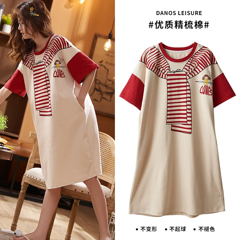 

Cute Cartoon Cotton Women Nightgown Sleepwear Summer Casual Ladies Night Dress Homewear 3XL Loose Panelled With Pocket Lingerie