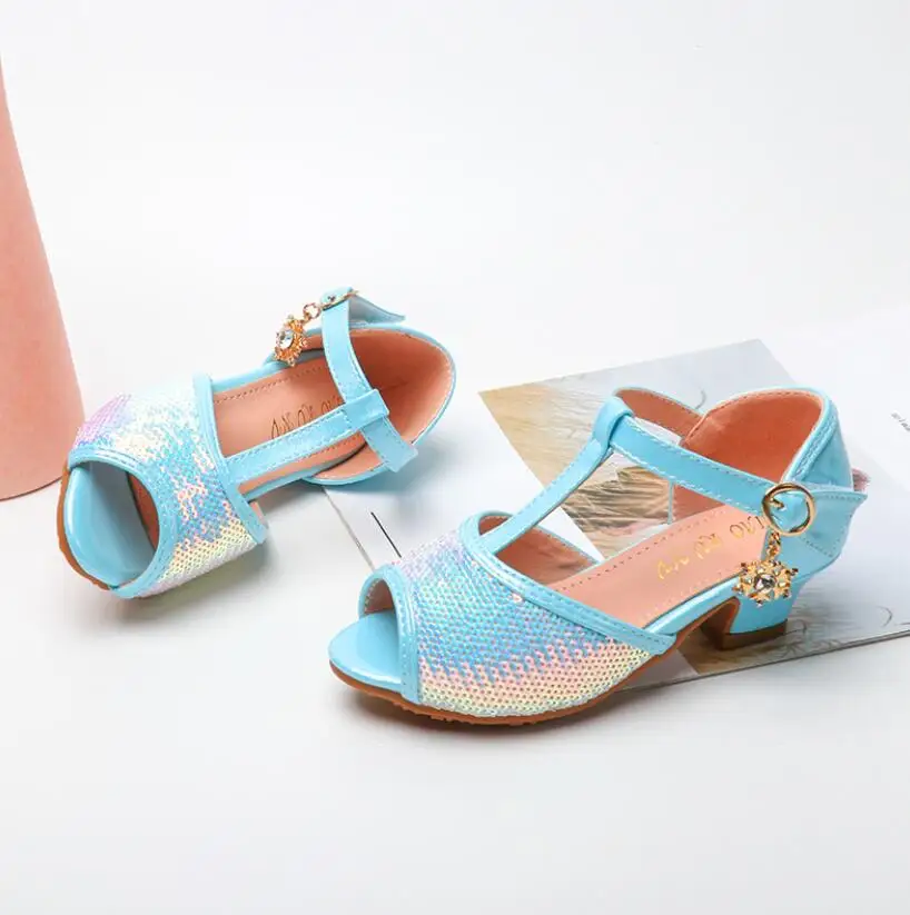 Вечерние кожаные сандалии принцессы для девочек со стразами и блестками детская