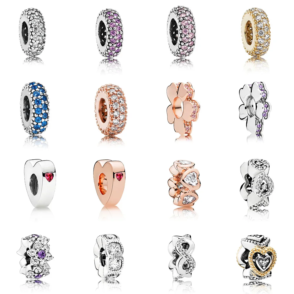 

925 Sterling Silver Crystal Round Heart Flower Beads Charms For Women Pandora Bracelet Charm