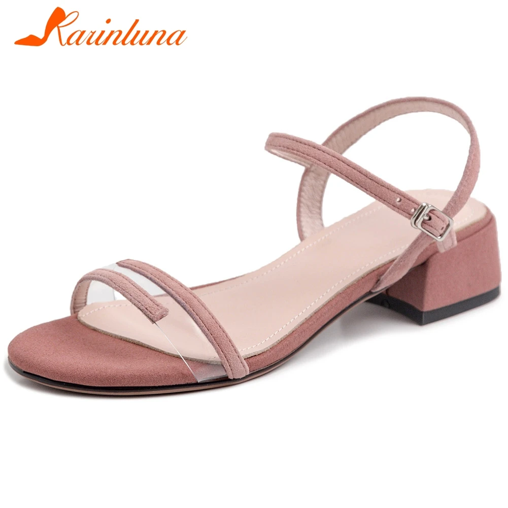 

Женские босоножки с открытым носком KARINLUNA, однотонные сандалии из натуральной кожи на высоком каблуке, лето 2020