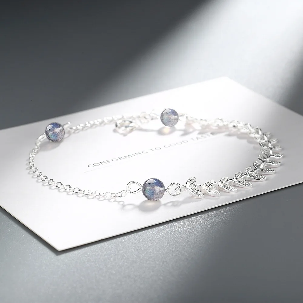 New Natural Stone 925 Sterling Silver Bracelet &amp Bangle Mujer Leaf Wheat Spike Charm for Women Bridal Wedding Jewelry | Украшения и