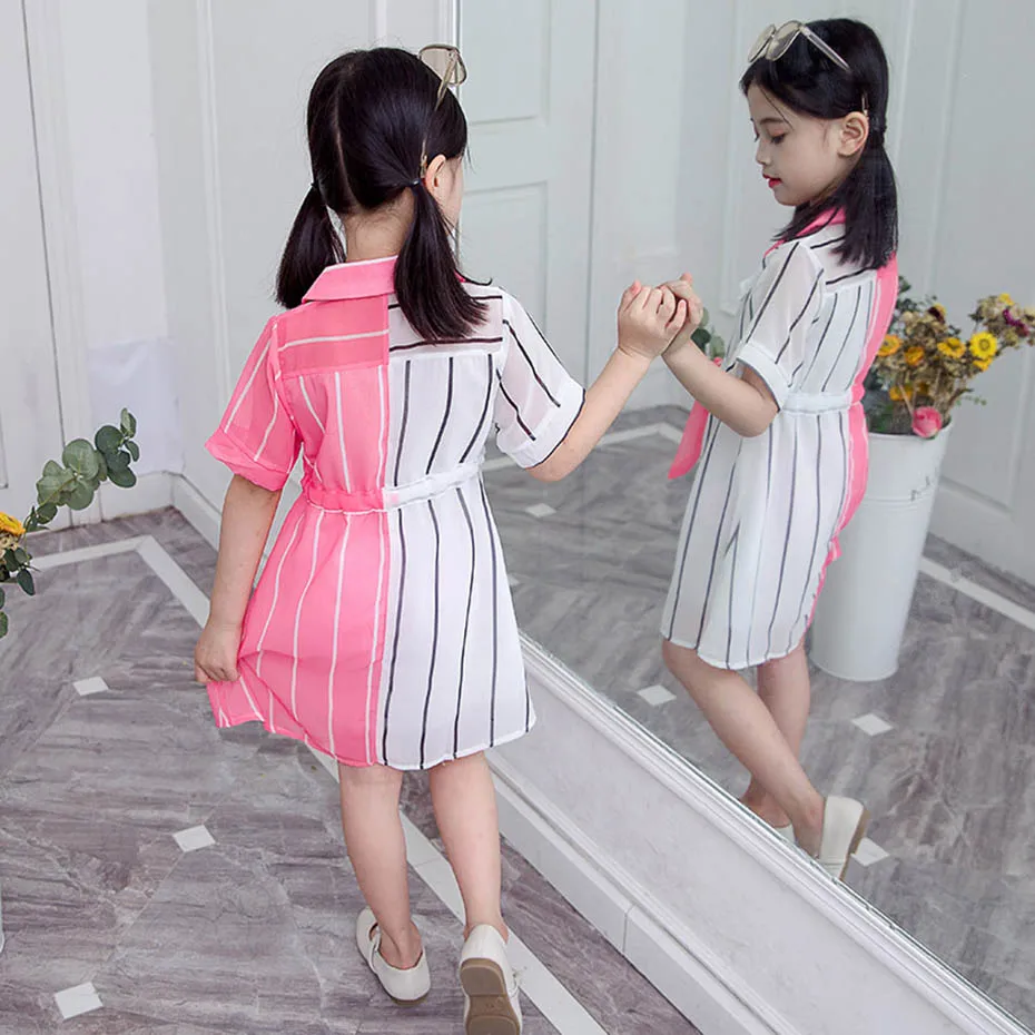 

Girls Summer Dress Striped Blouse Dress For Girl Patchwork Kid Shirt Dress Teenage School Costume For Girls