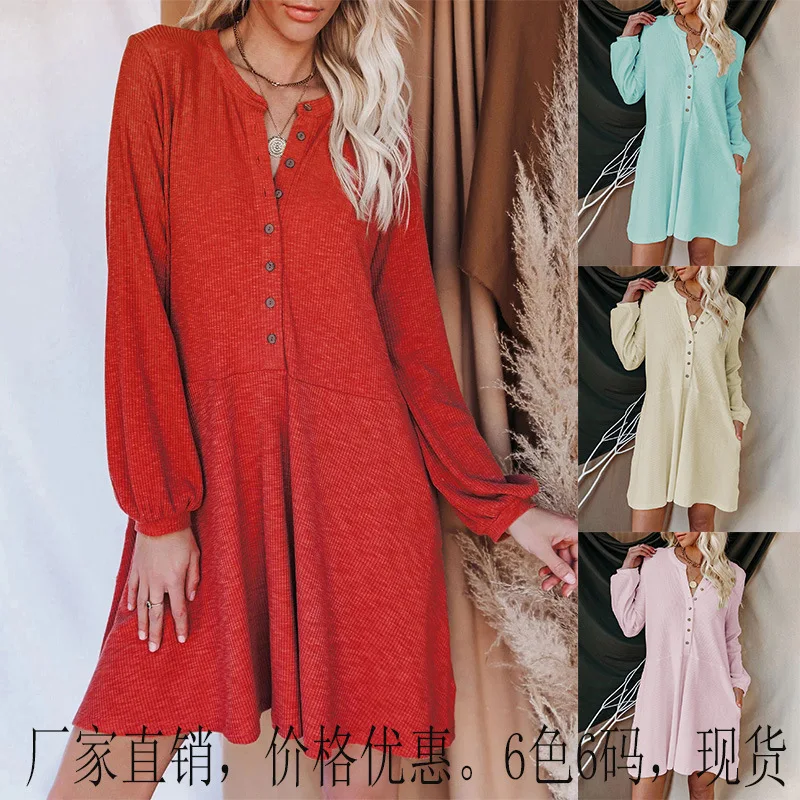 

Women 2021 Loose Vintage Ruffles Knitted Dress Large Big Button Long Full Sleeve Spring Boho Casual Party Dresses Plus Size