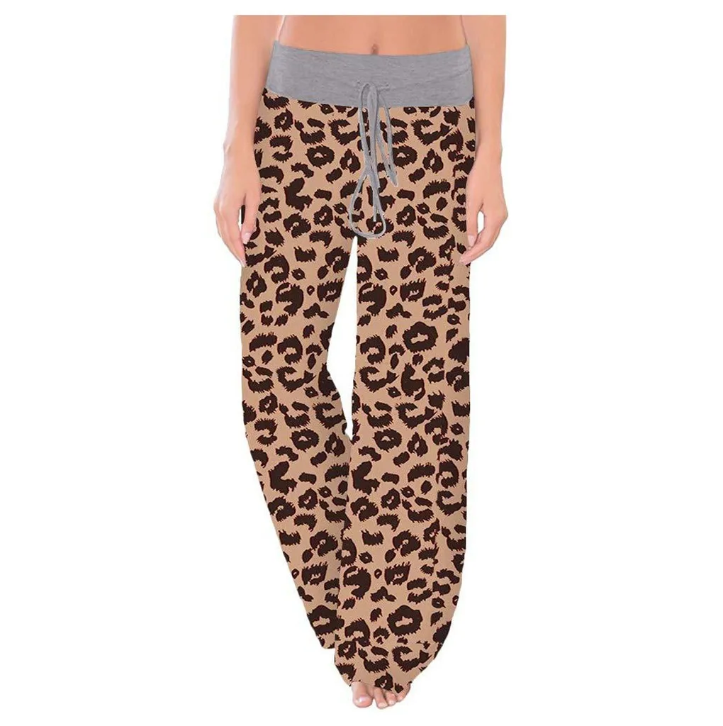 Womens Comfy Stretch Leopard Print Drawstring Wide Leg Lounge Pants Fashion Casual Sexy High Quality Jeans 2.25 | Спорт и