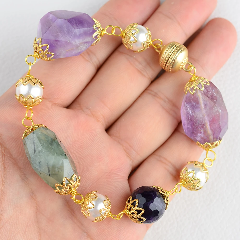 Белый морской жемчуг аметист прент каменный браслет с драгоценными