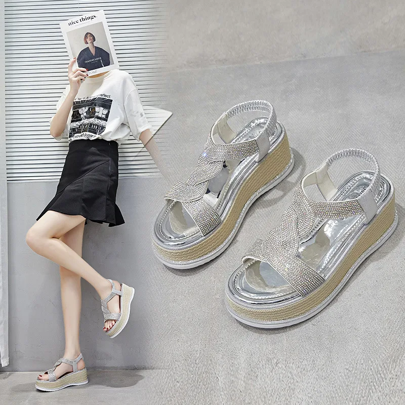 

Women Wedge Sandals Platform High Heels Ladies Summer Fashion Brand Diamond Open Toe Shoes 2021 Slip on Sandals Female Sandalias