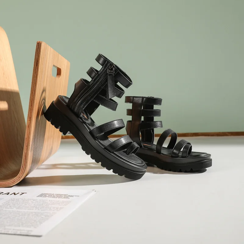 

New Fashion Leather Hollow Out Gladiator Platform Sandals Women Summer Shoes Woman Punk Zipper Sandalias Open Toe Shoes