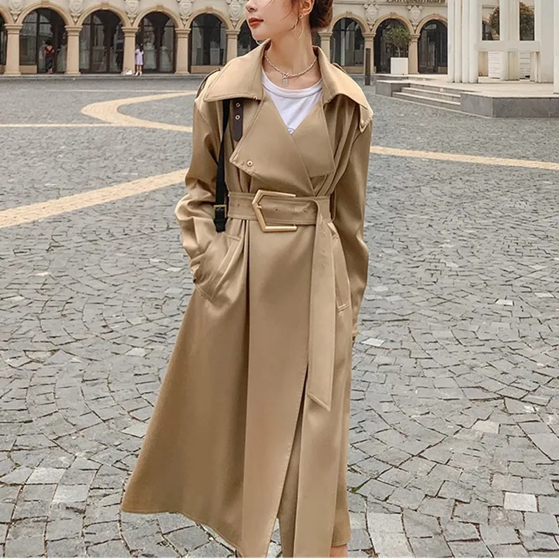 

Women's Long Windbreaker Spring Autumn New Ladies Cloak Khaki Wear A Belt Satin Fabric High-end Cotton Lined Trench Coat Female