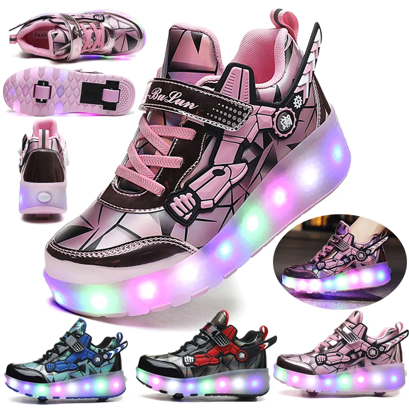 

Nieuwe Kinderen Tweewielige Lichtgevende Sneakers Jongens Mode Led Licht Schoenen Lichtgewicht Roller Schoenen Meisjes Usb